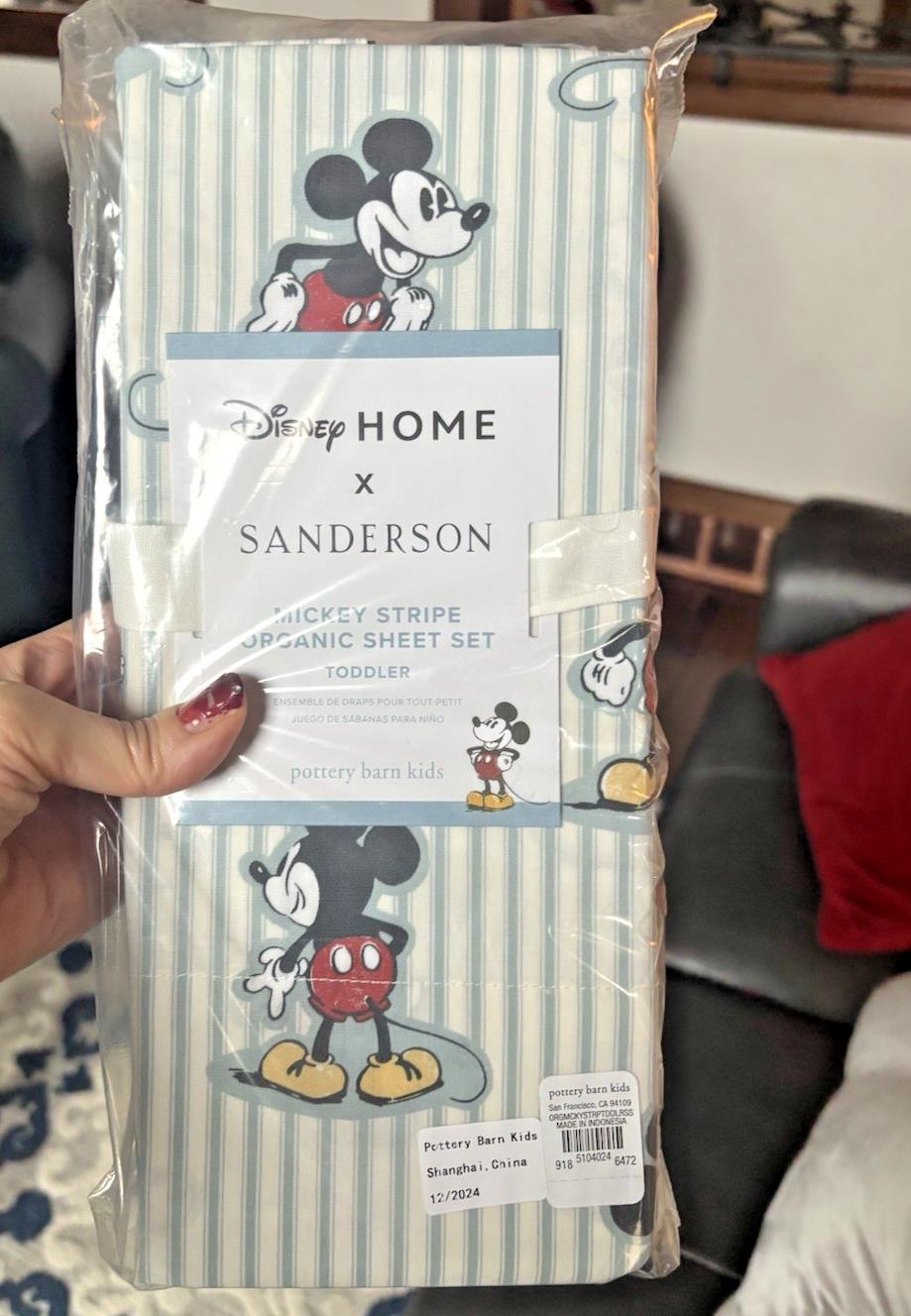 Pottery barn SHEET SET Crib Disney Baby Toddler Mickey Mouse Stripe Holiday gift