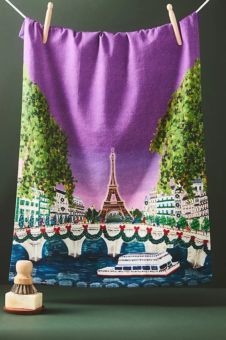 Anthropology holiday kitchen hand towel Snowman city party winter birthday mom m