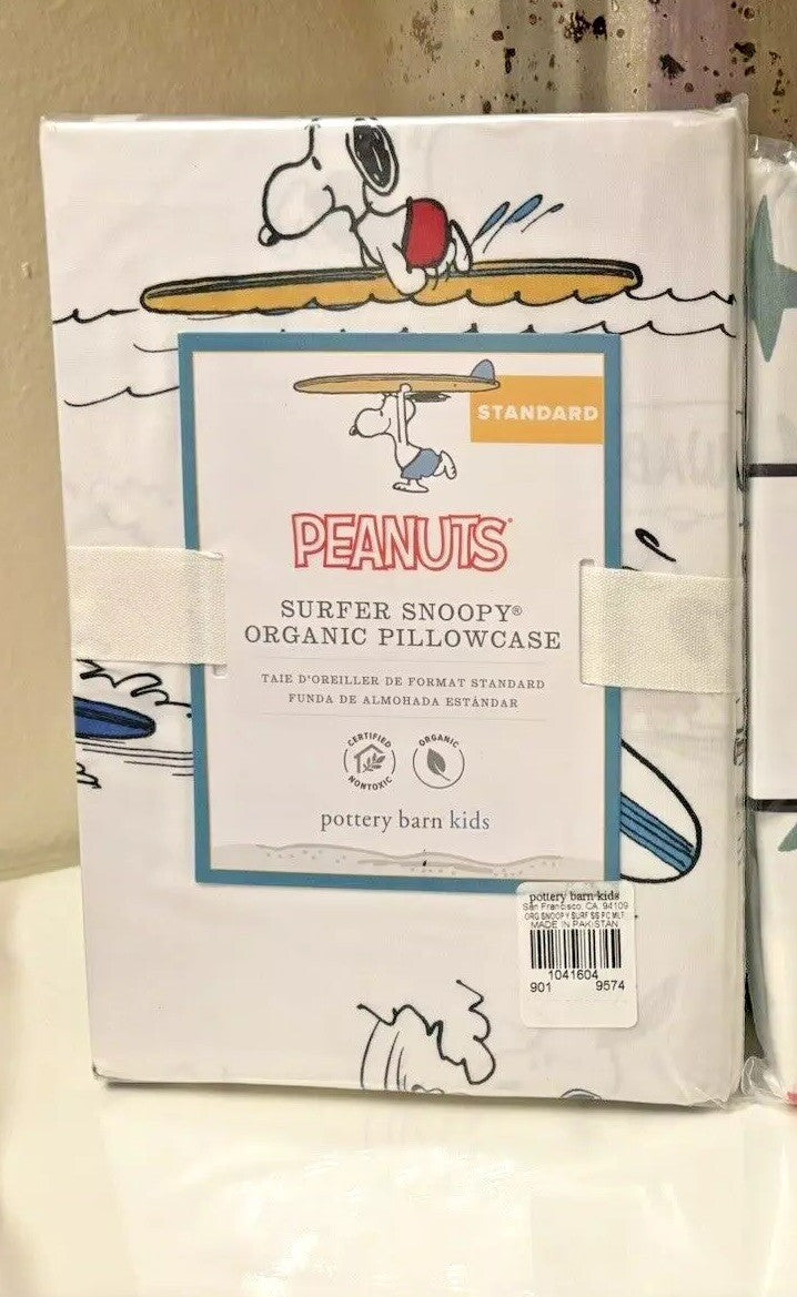 Snoopy Pottery Barn School peanuts Pillowcase Holiday Space +Surf Gift SET 2