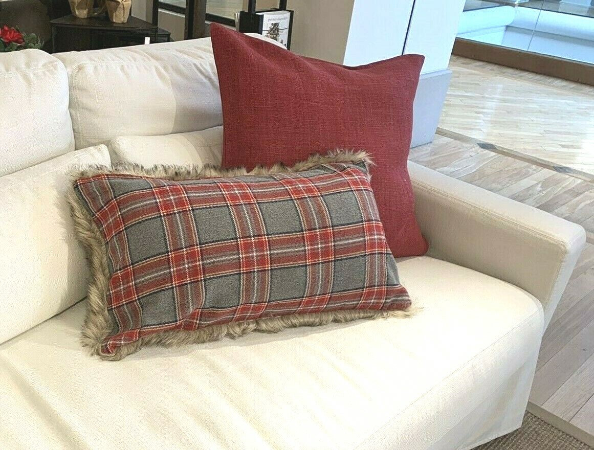 Pottery Barn Plaid Pillow Sham Disney Holiday fur ski lodge Christmas 16x26  `