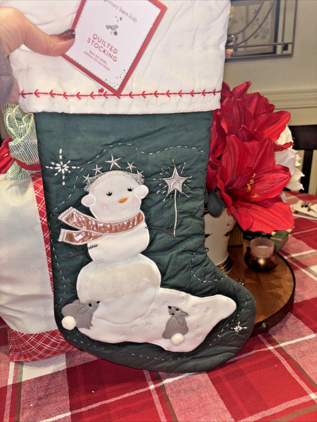 Pottery Barn Holiday Christmas stocking Snowman gift party quilted tree Disney